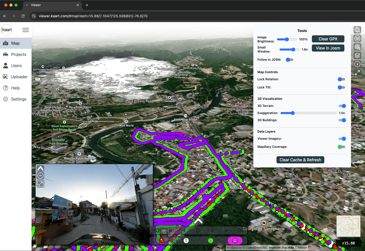 Tilt into 3D terrain and building extrusions — adjustable exaggeration for context in hilly or dense areas.