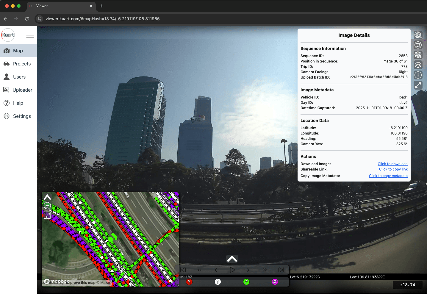 Inspect every frame — capture time, location, camera facing, and provenance at a glance.