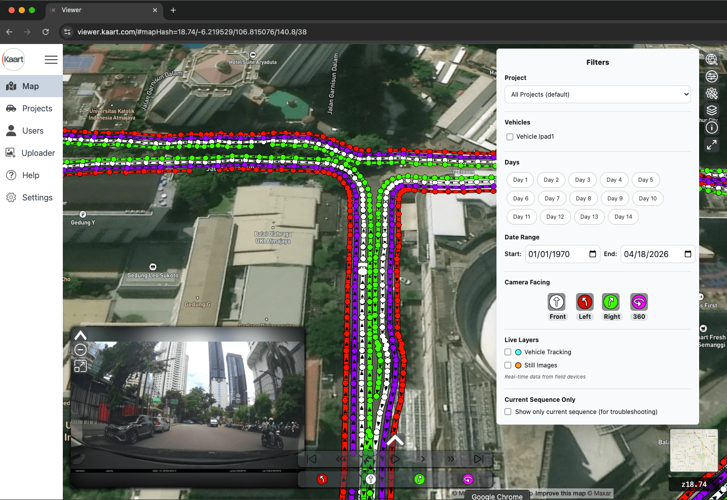 Switch between Front, Left, Right, and 360 cameras on the fly — all facings tracked side-by-side on the map.