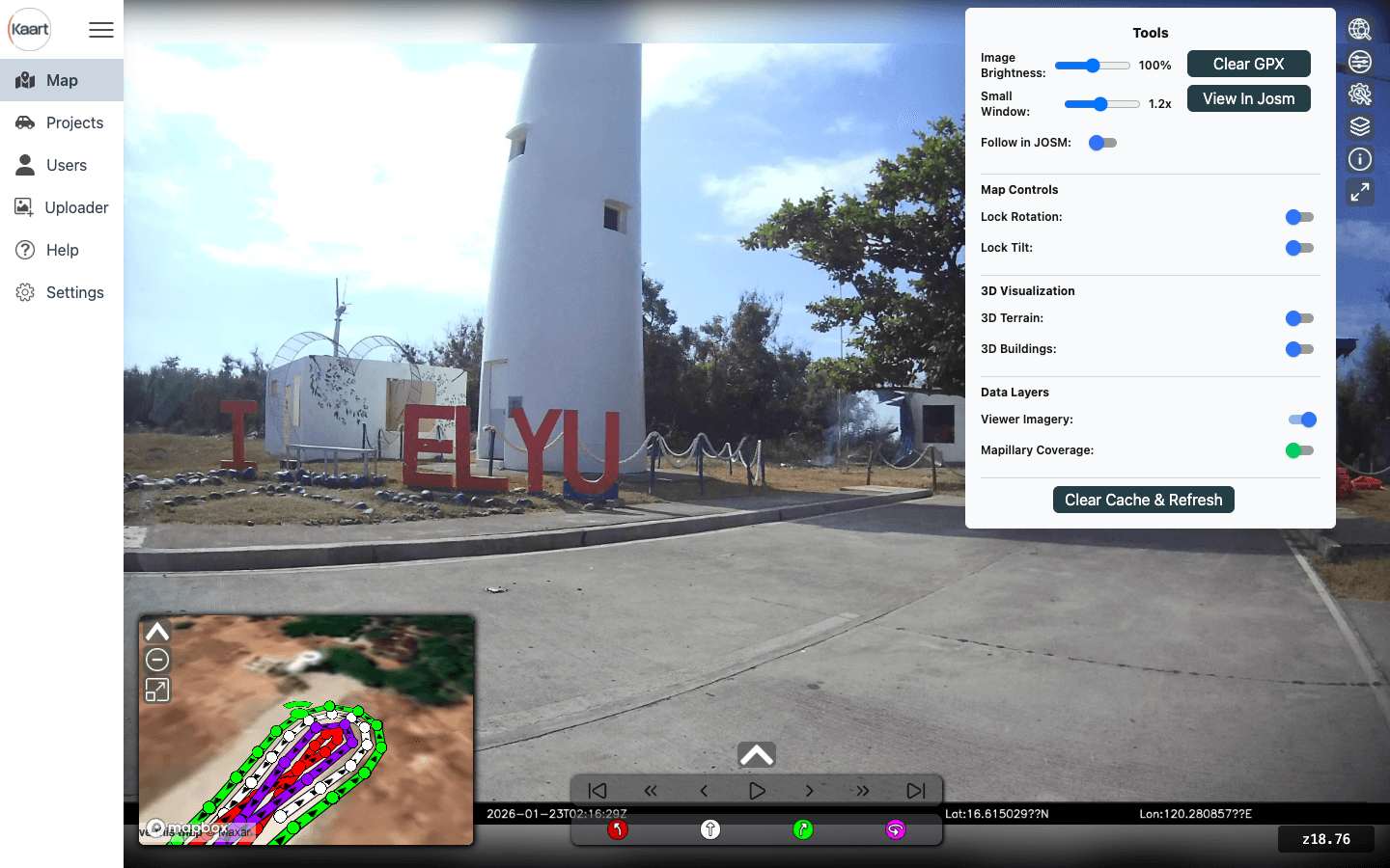 Explore immersive street-level imagery with built-in brightness, 3D, GPX, and JOSM tools.
